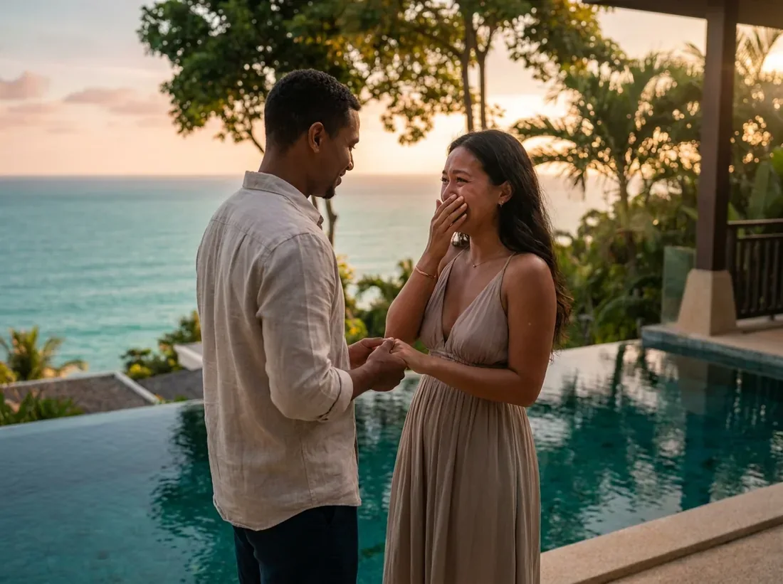 Couple during a luxury private villa infinity pool ocean view phuket couple in Phuket