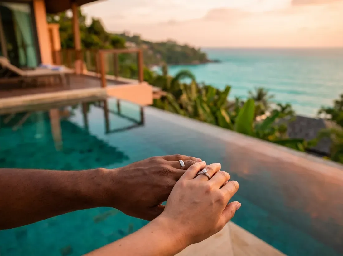 Close-up detail of a luxury private villa infinity pool ocean view phuket couple in Phuket