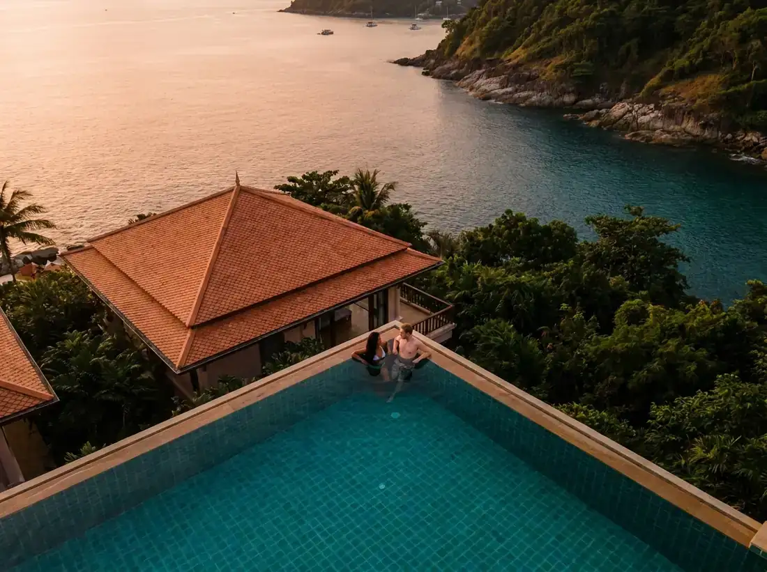 Aerial view of Kamala, Phuket, Thailand for a luxury private villa infinity pool ocean view phuket couple