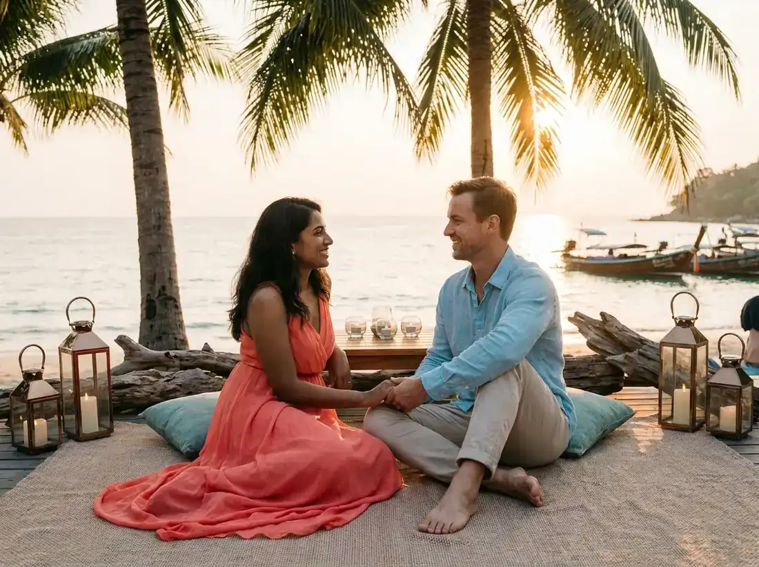 Candle-lit setup for a couple outfit beach photoshoot style what to wear phuket in Phuket