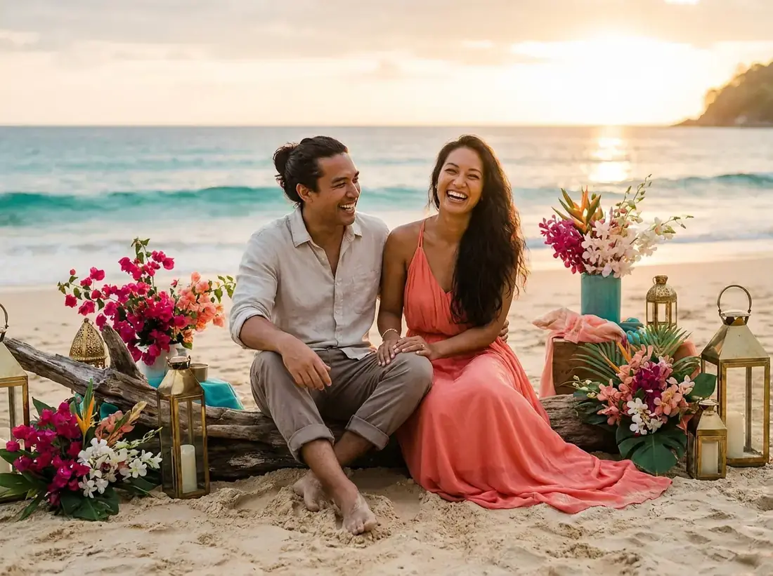Styled decor for a couple outfit beach photoshoot style what to wear phuket in Phuket