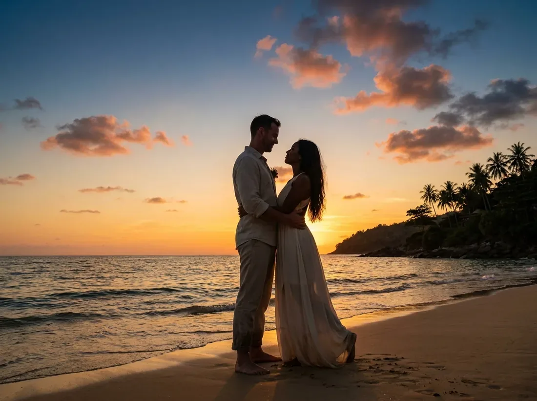 Sunset silhouette of a couple outfit beach photoshoot style what to wear phuket in Phuket