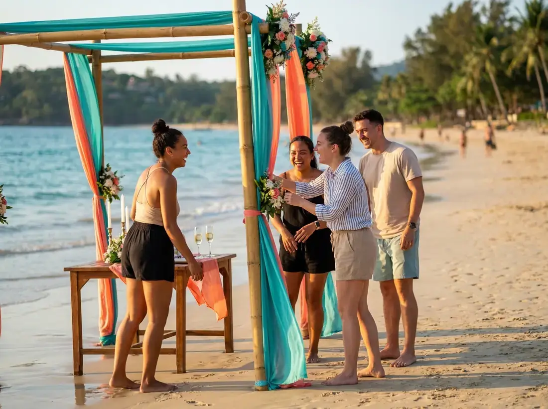 Candle-lit setup for a proposal planning team portrait phuket real people beach in Phuket