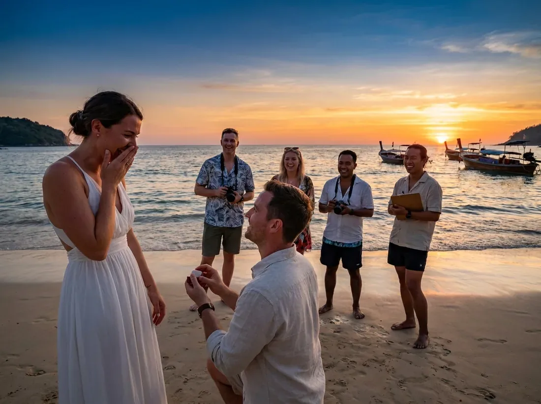 Couple during a proposal planning team portrait phuket real people beach in Phuket