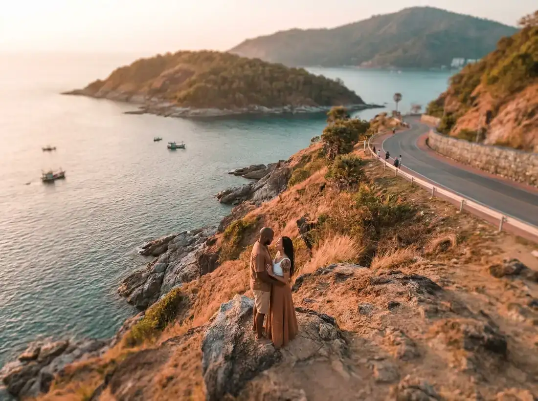 Aerial view of Promthep Cape, Phuket, Thailand for a phuket sunset coastline romantic blog hero