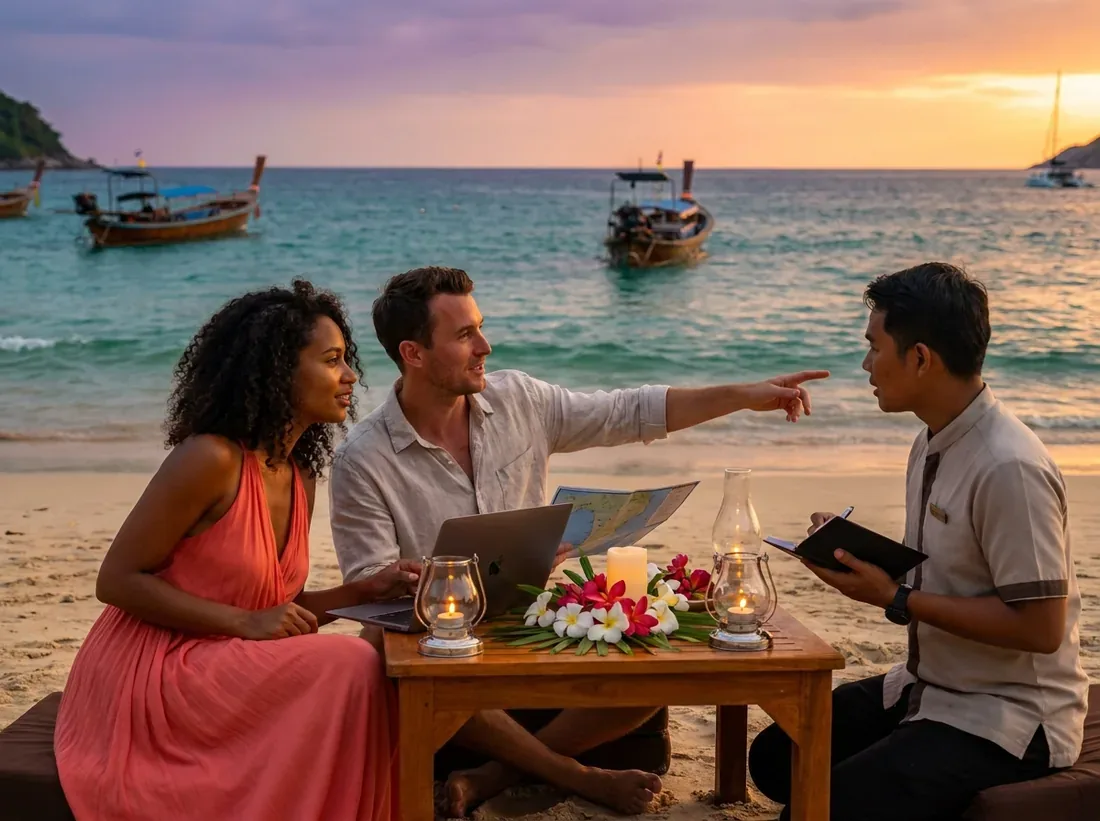 Candle-lit setup for a phuket beach contact concierge couple planning sunset in Phuket