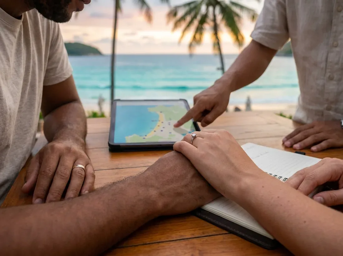 Close-up detail of a phuket beach contact concierge couple planning sunset in Phuket