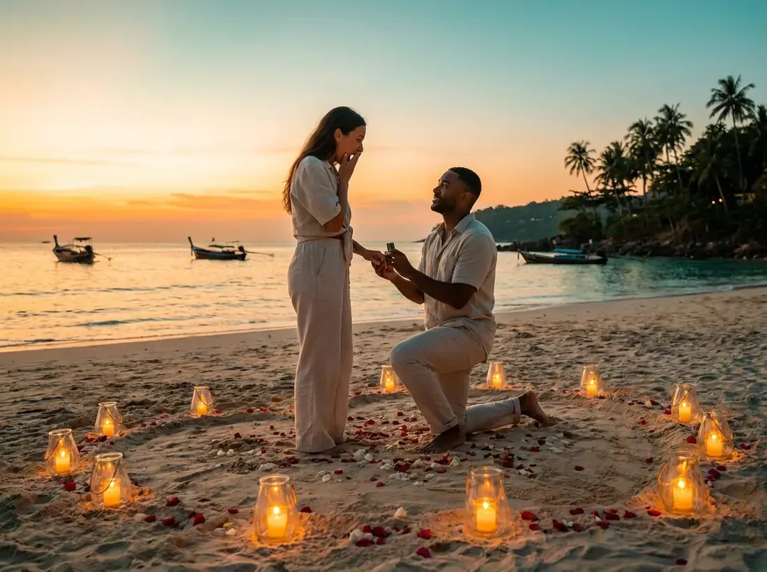 Candle-lit setup for a couple beach proposal phuket calm sunset question in Phuket