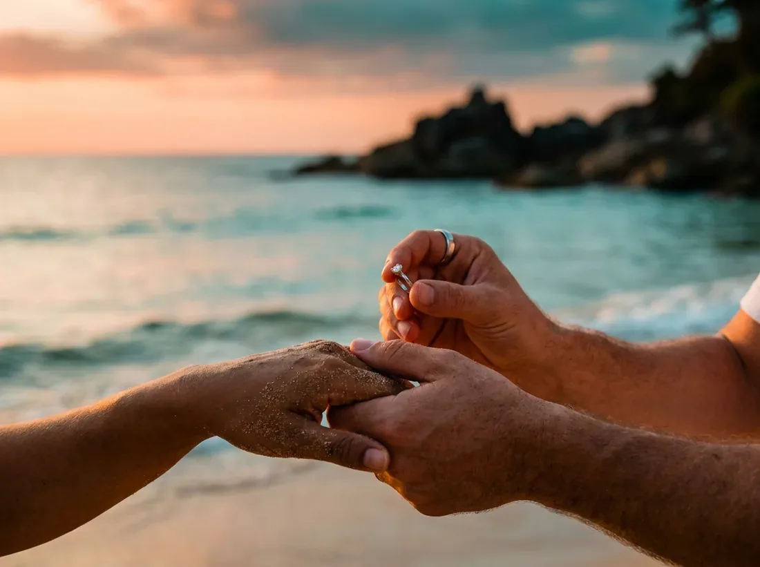 Close-up detail of a couple beach proposal phuket calm sunset question in Phuket