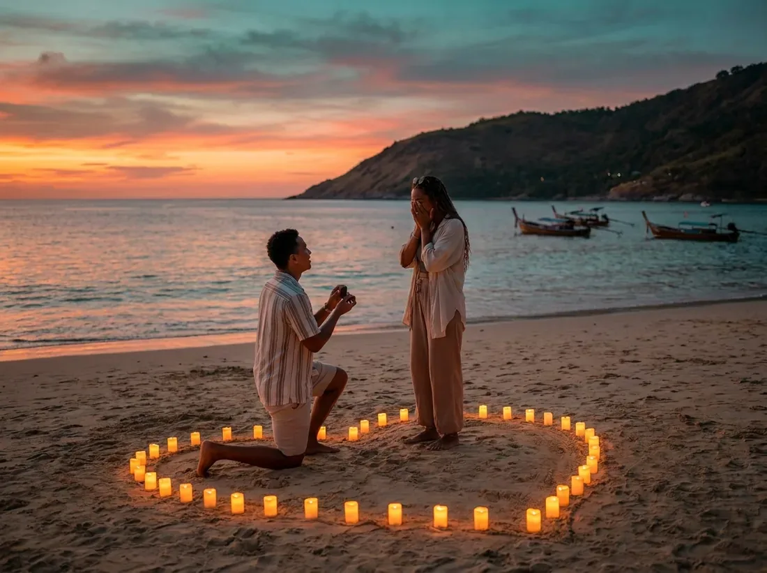 Candle-lit setup for a couple sunset beach proposal candle heart Andaman sea in Phuket