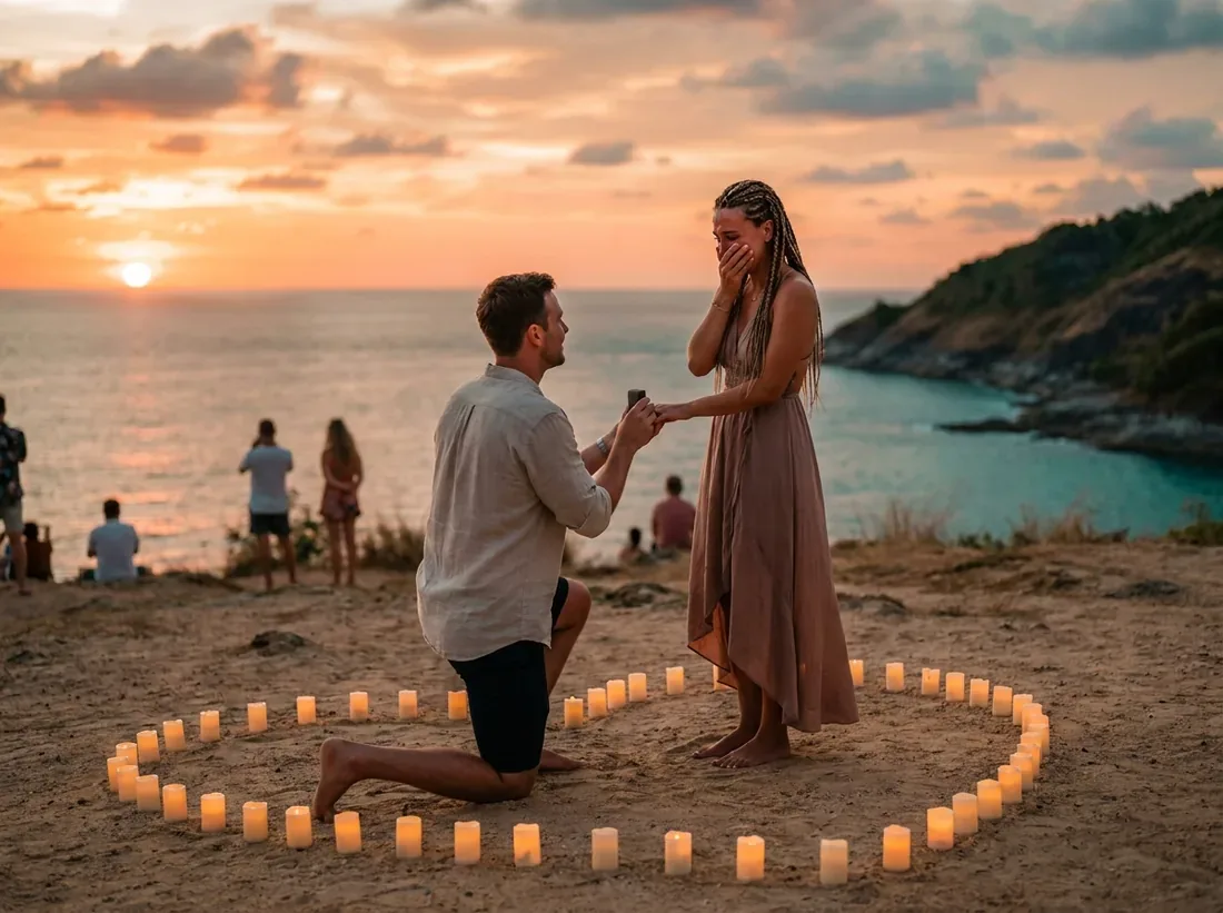 Couple during a couple sunset beach proposal candle heart Andaman sea in Phuket