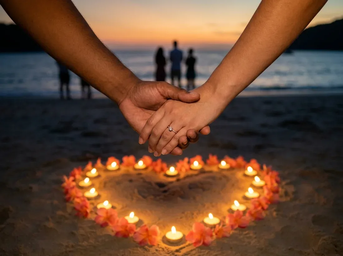 Close-up detail of a couple sunset beach proposal candle heart Andaman sea in Phuket