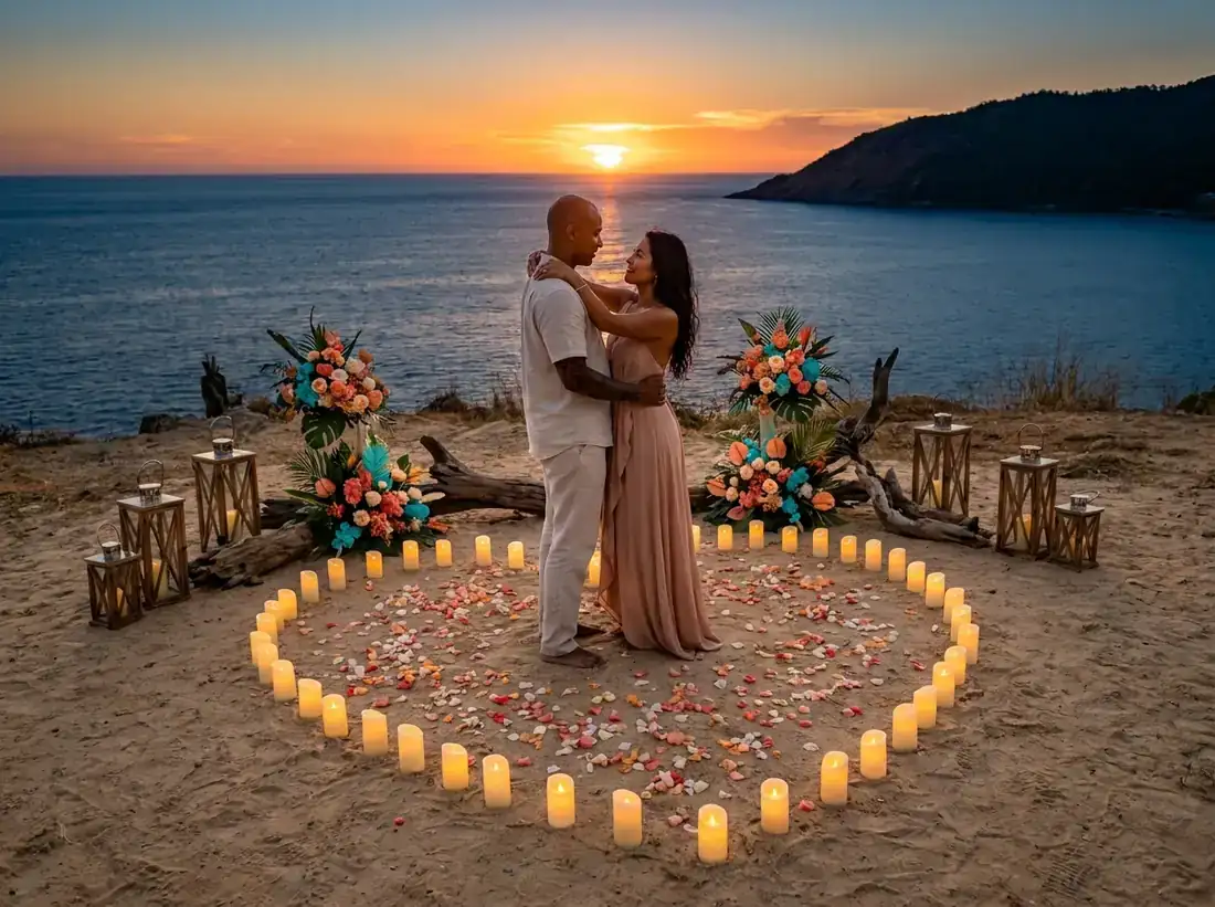 Styled decor for a couple sunset beach proposal candle heart Andaman sea in Phuket