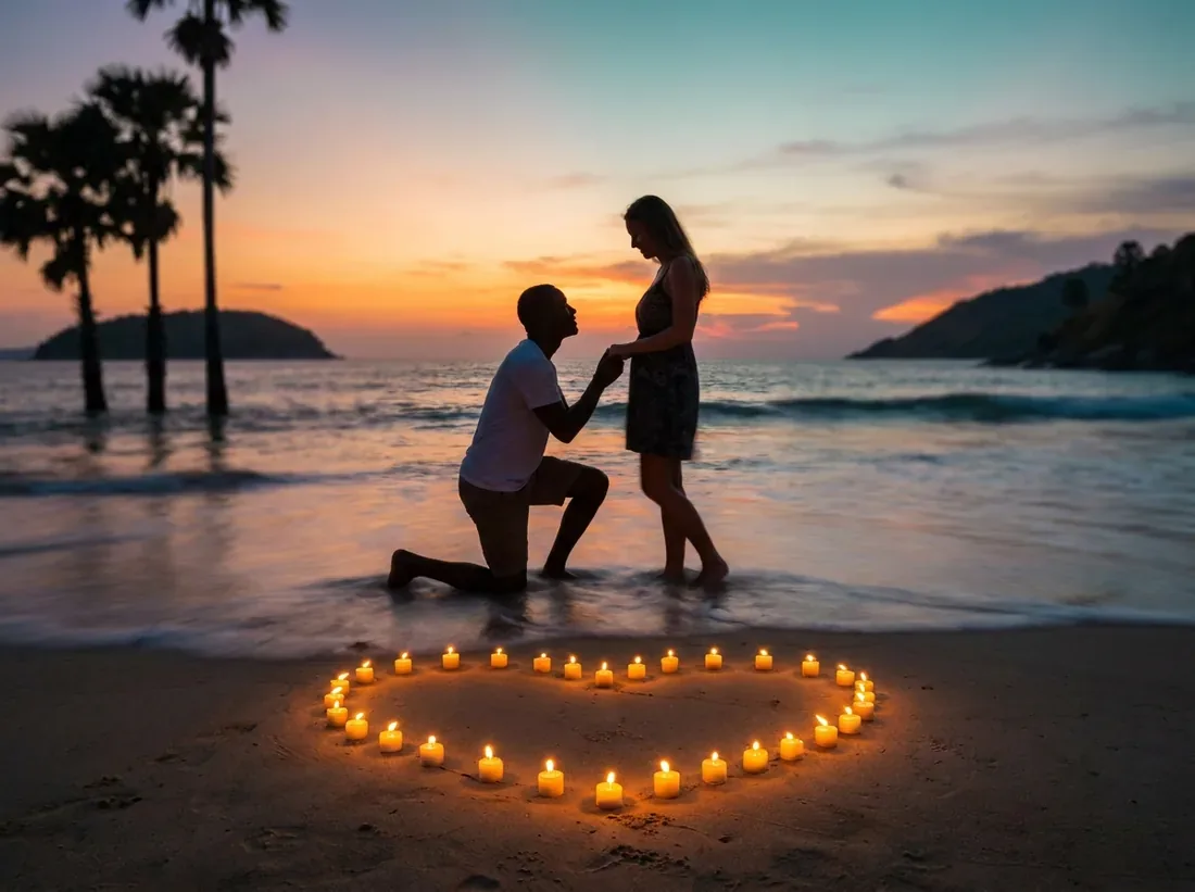 Sunset silhouette of a couple sunset beach proposal candle heart Andaman sea in Phuket
