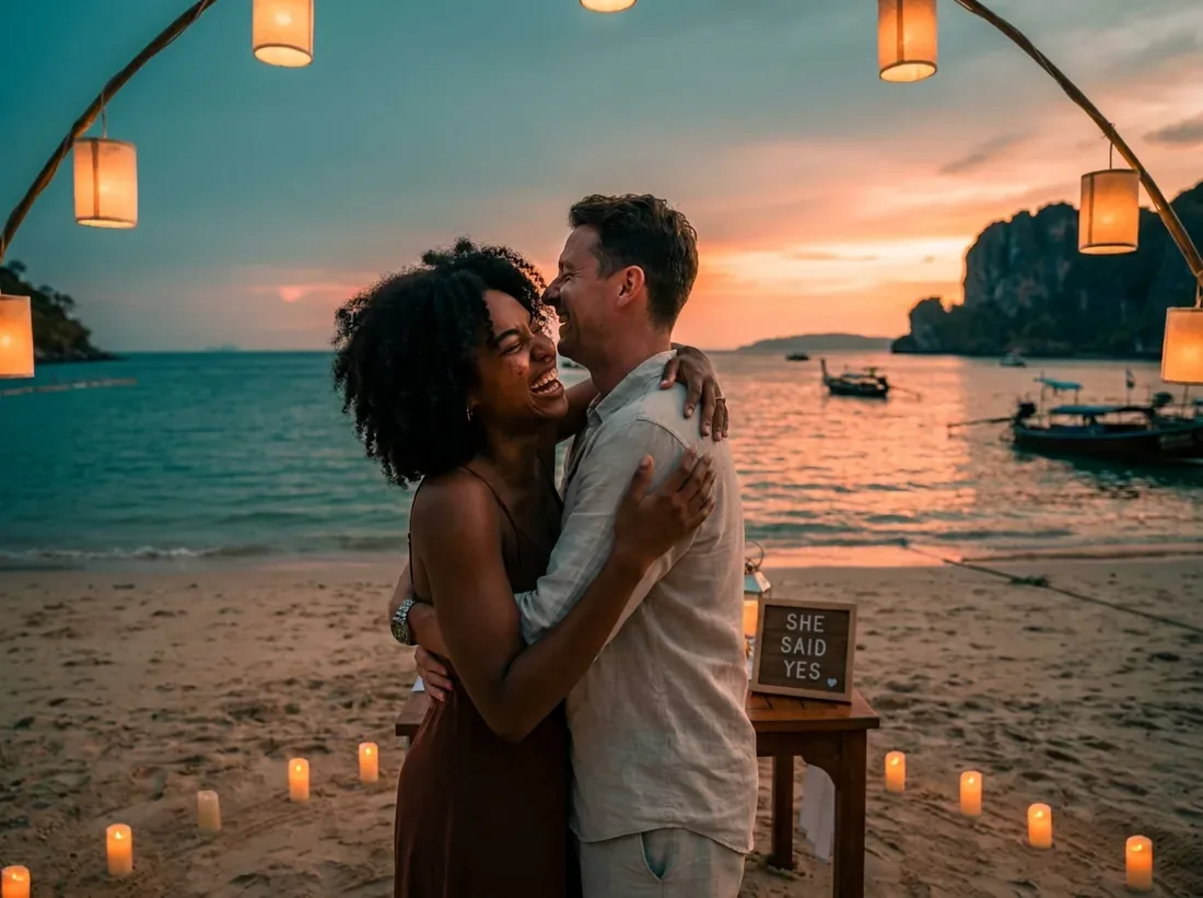 Candle-lit setup for a real proposal moment she said yes beach reaction couple in Phuket
