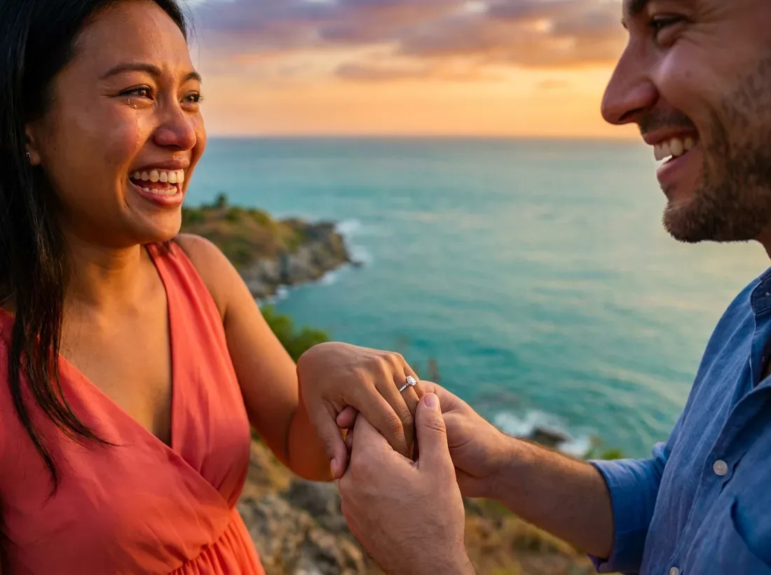 Close-up detail of a real proposal moment she said yes beach reaction couple in Phuket
