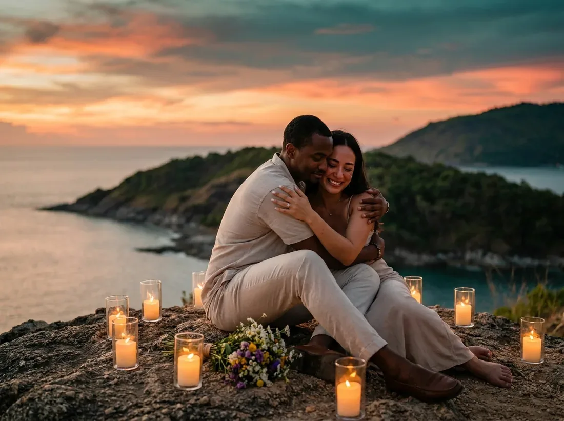Candle-lit setup for a promthep cape sunset proposal real couple she said yes in Phuket