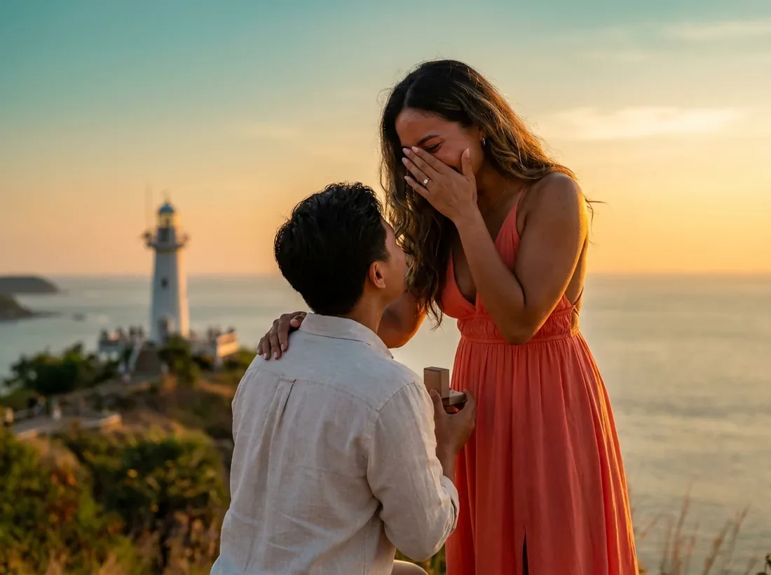 Couple during a promthep cape sunset proposal real couple she said yes in Phuket