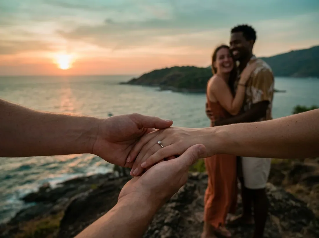 Close-up detail of a promthep cape sunset proposal real couple she said yes in Phuket