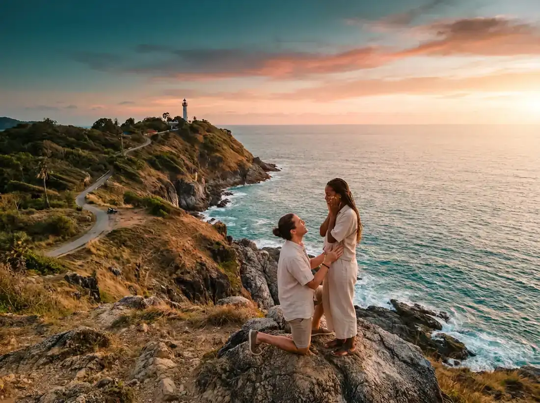 Aerial view of Promthep Cape, Phuket, Thailand for a promthep cape sunset proposal real couple she said yes