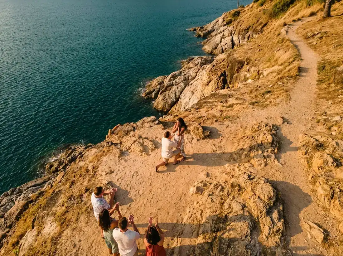 Aerial view of Promthep Cape, Phuket, Thailand for a real proposal moment she said yes beach reaction couple