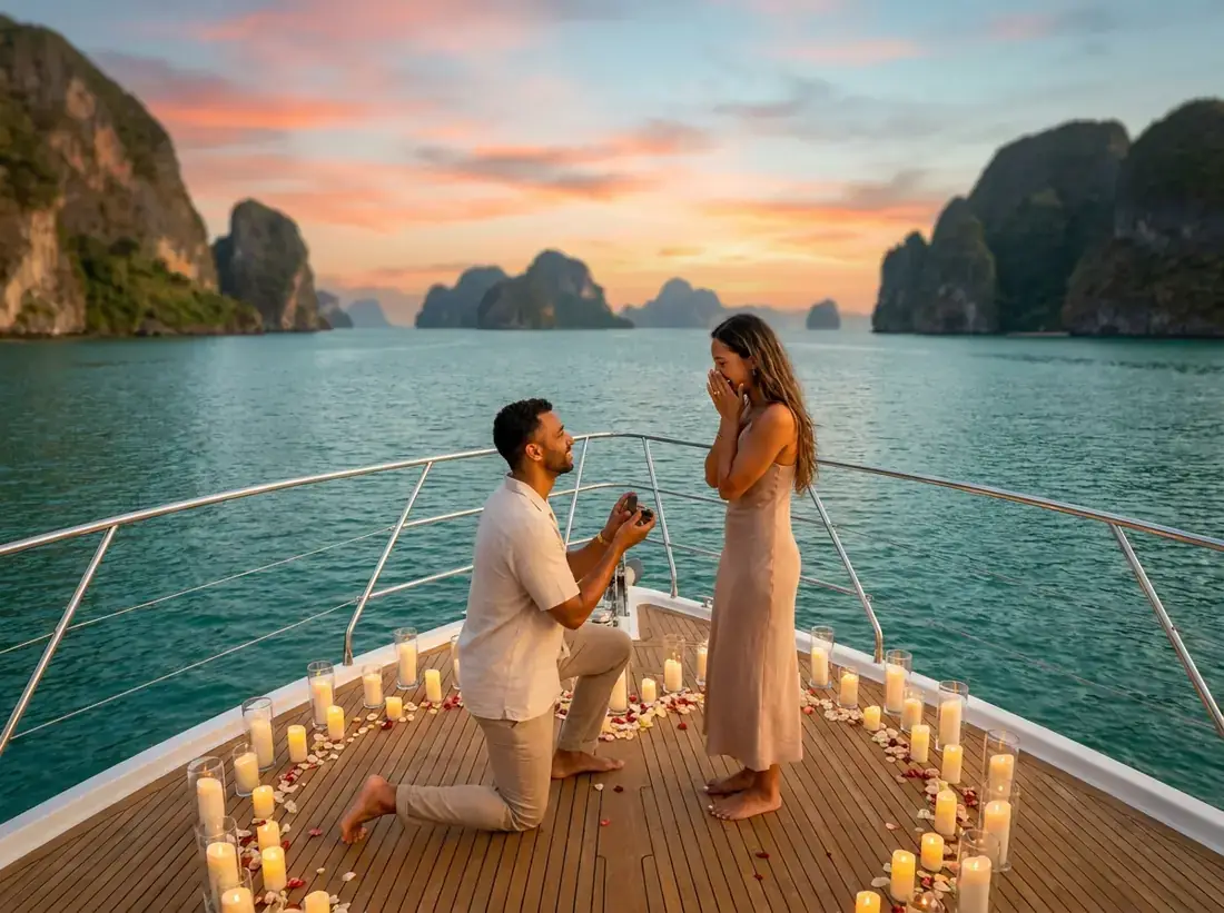 Candle-lit setup for a yacht proposal phang nga bay deck sunset real couple drone in Phuket