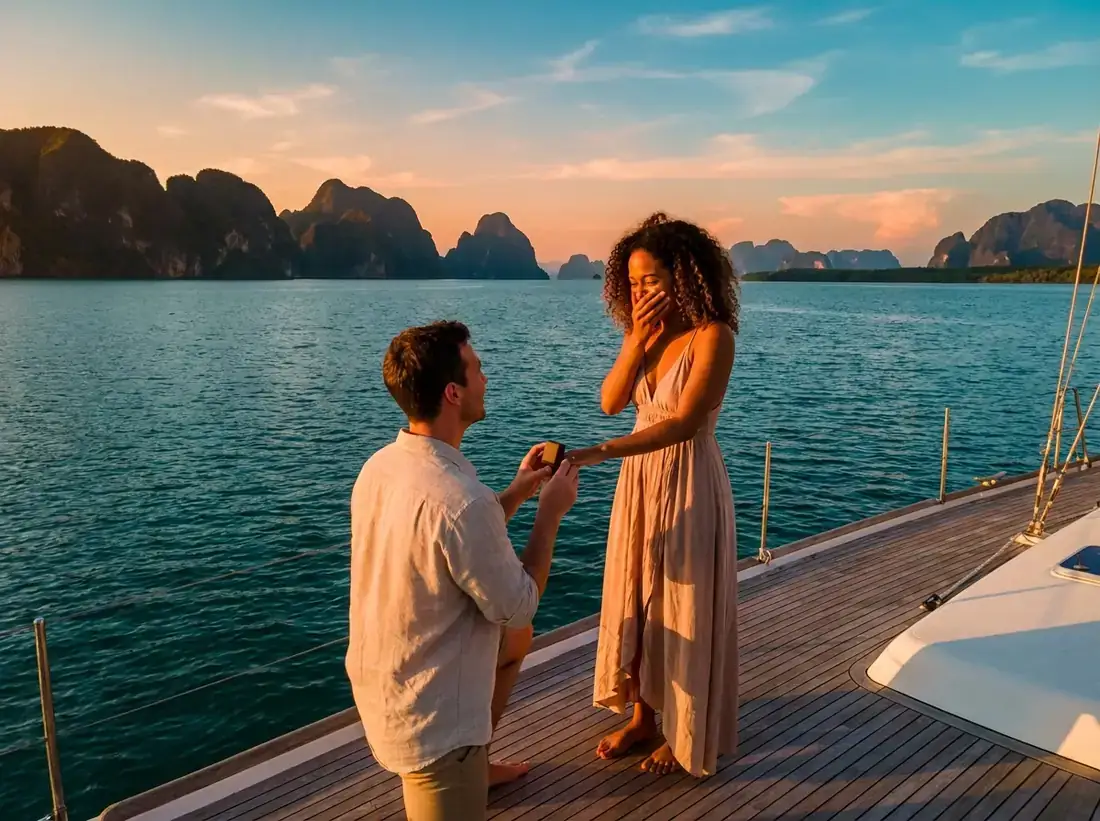 Couple during a yacht proposal phang nga bay deck sunset real couple drone in Phuket