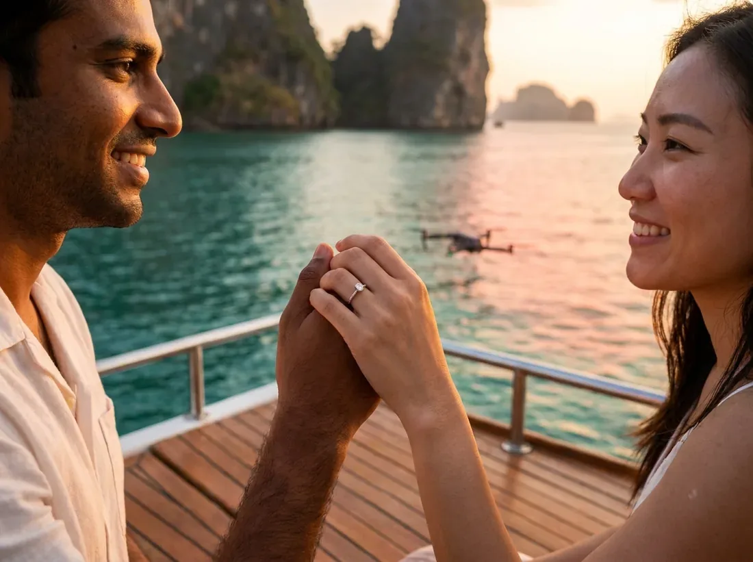Close-up detail of a yacht proposal phang nga bay deck sunset real couple drone in Phuket