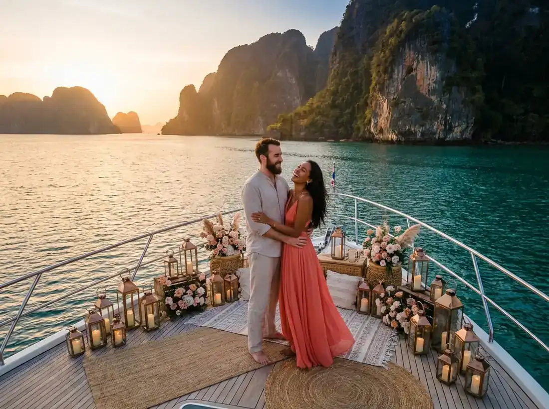 Styled decor for a yacht proposal phang nga bay deck sunset real couple drone in Phuket