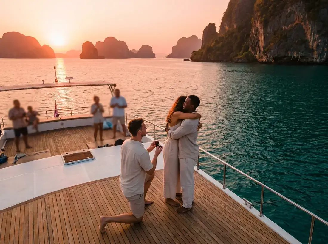Aerial view of Phang Nga Bay, Thailand for a yacht proposal phang nga bay deck sunset real couple drone