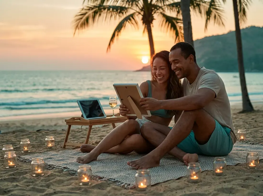 Candle-lit setup for a happy engaged couple review portrait beach phuket real in Phuket