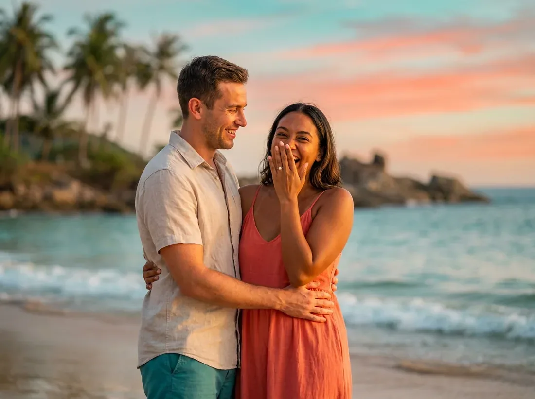 Couple during a happy engaged couple review portrait beach phuket real in Phuket