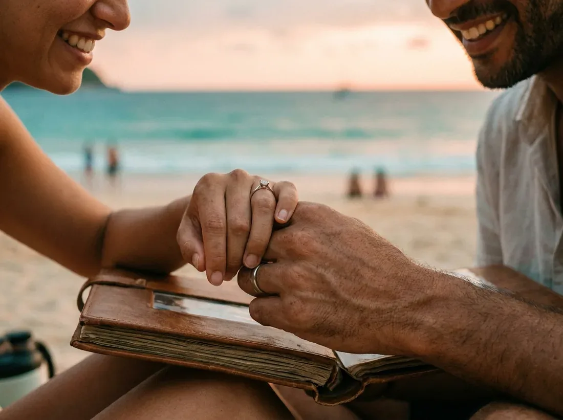 Close-up detail of a happy engaged couple review portrait beach phuket real in Phuket