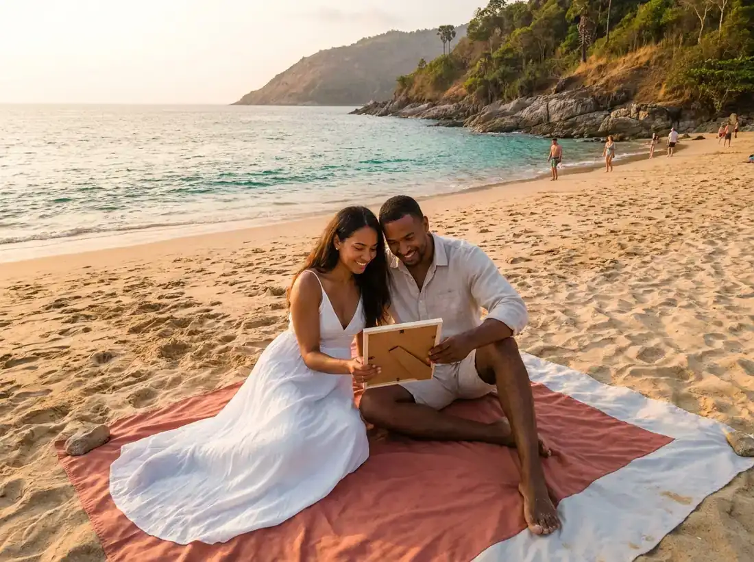Aerial view of Nai Harn Beach, Phuket, Thailand for a happy engaged couple review portrait beach phuket real