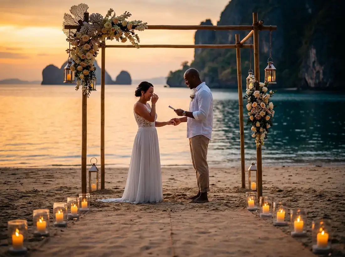 Candle-lit setup for a elopement ceremony private beach couple flowers phuket in Phuket