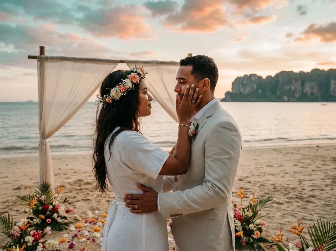 Couple during a elopement ceremony private beach couple flowers phuket in Phuket