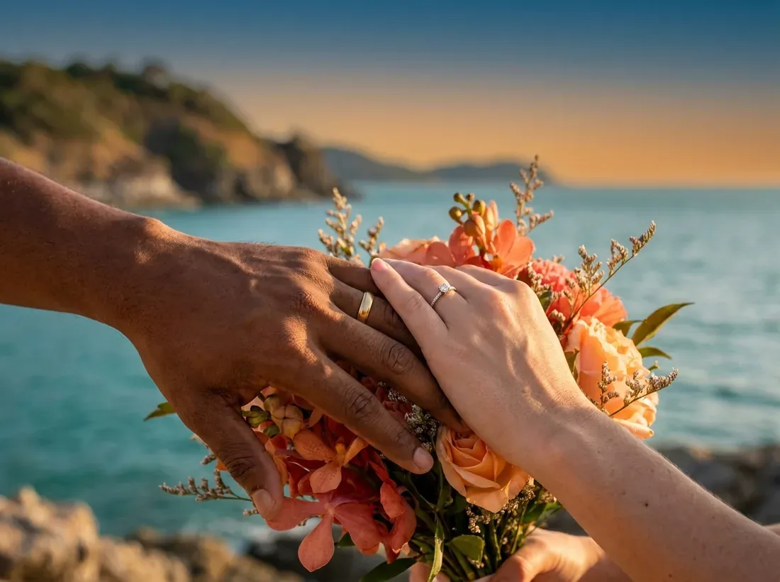 Close-up detail of a elopement ceremony private beach couple flowers phuket in Phuket