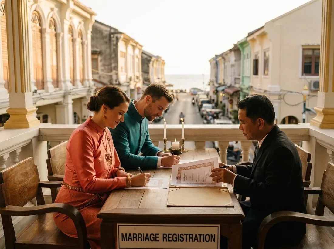 Candle-lit setup for a thailand marriage documents paperwork couple official in Phuket