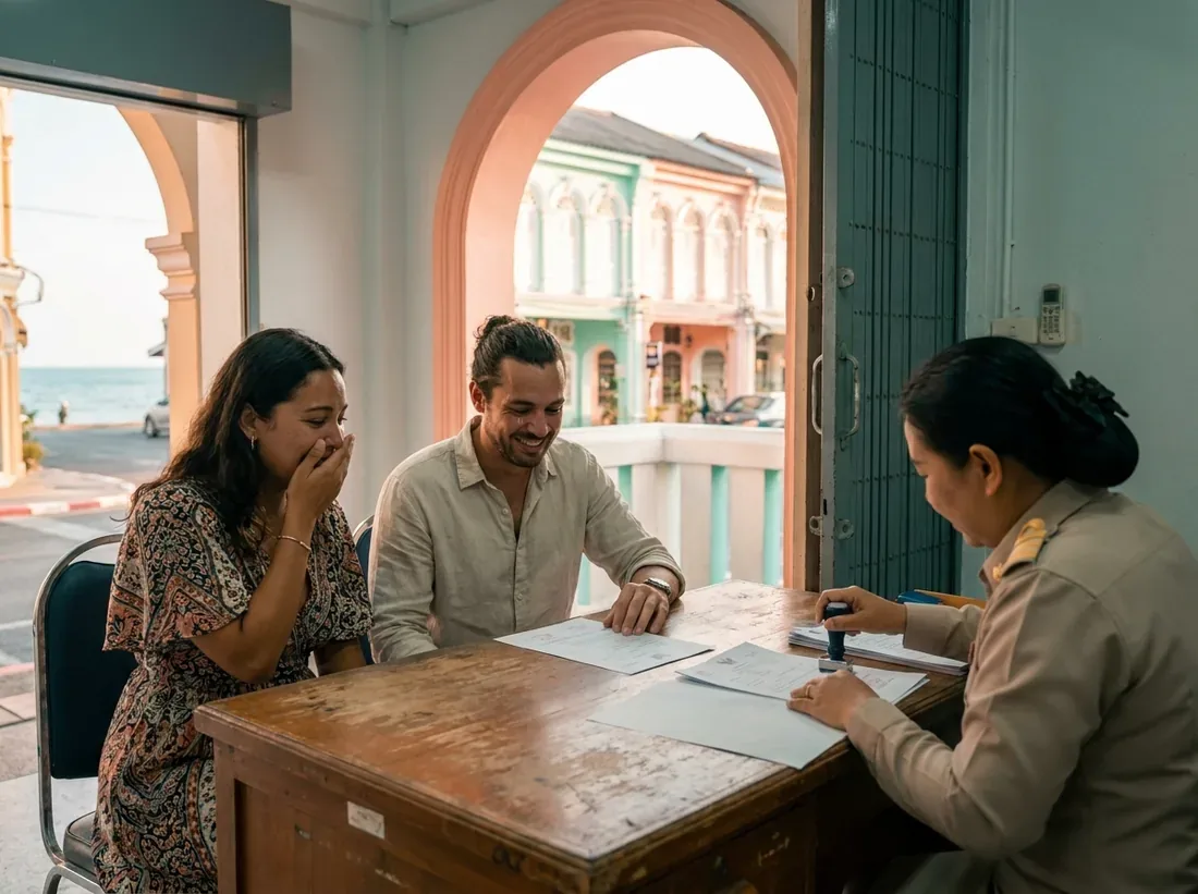 Couple during a thailand marriage documents paperwork couple official in Phuket