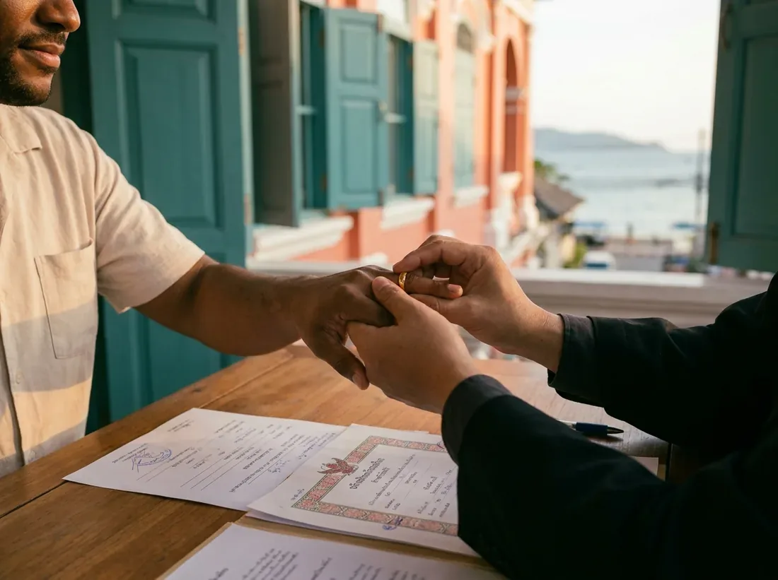 Close-up detail of a thailand marriage documents paperwork couple official in Phuket