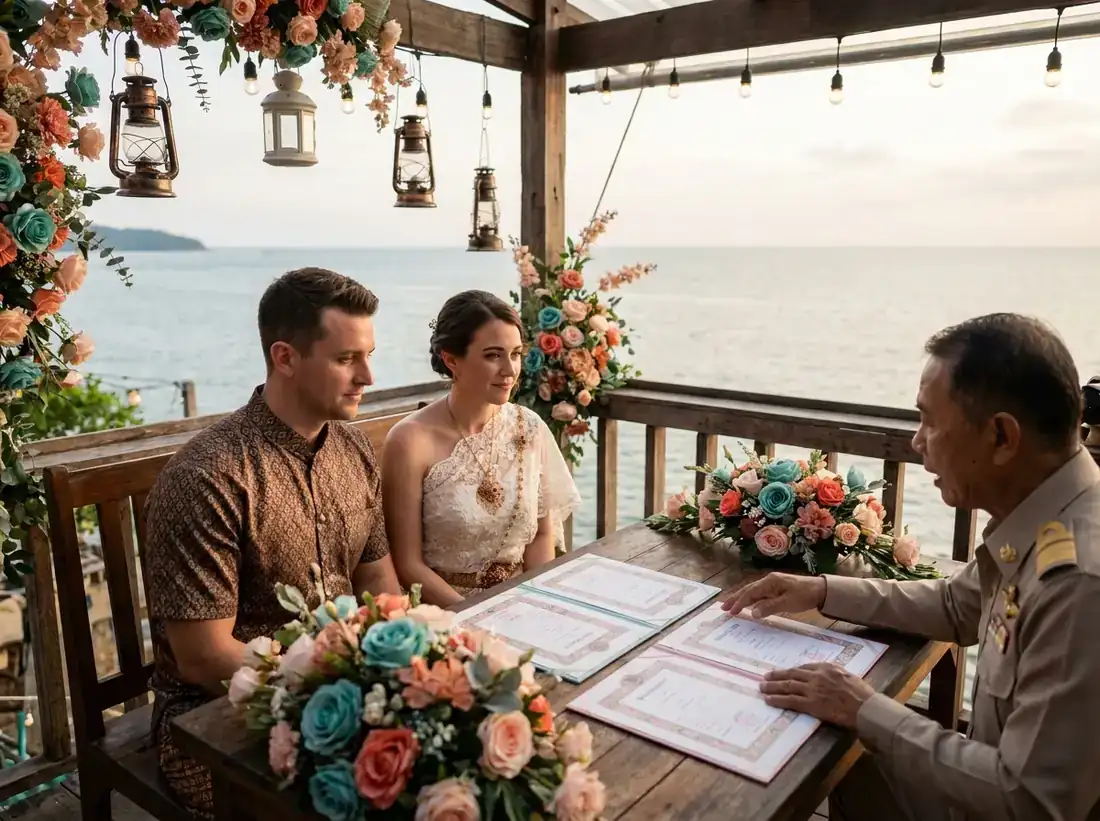 Styled decor for a thailand marriage documents paperwork couple official in Phuket
