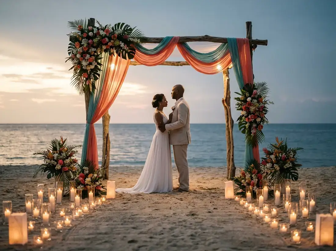 Candle-lit setup for a elopement package beach ceremony setup flowers arch in Phuket