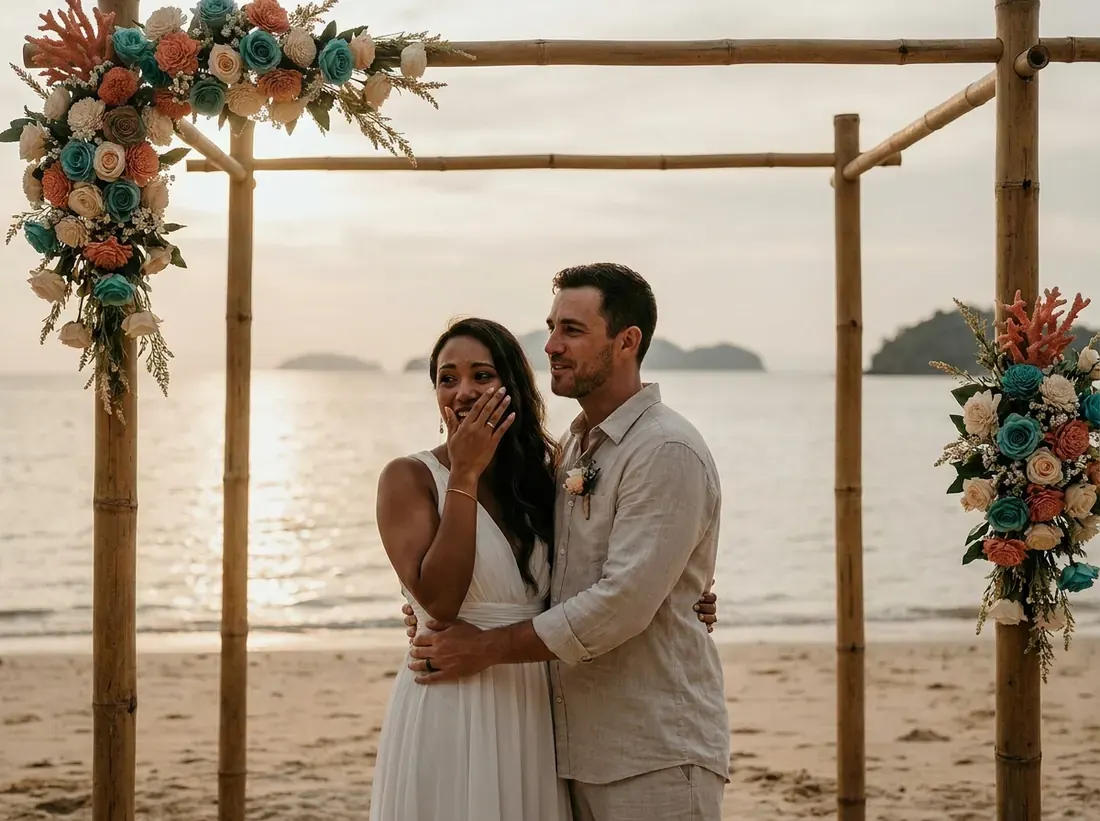 Couple during a elopement package beach ceremony setup flowers arch in Phuket