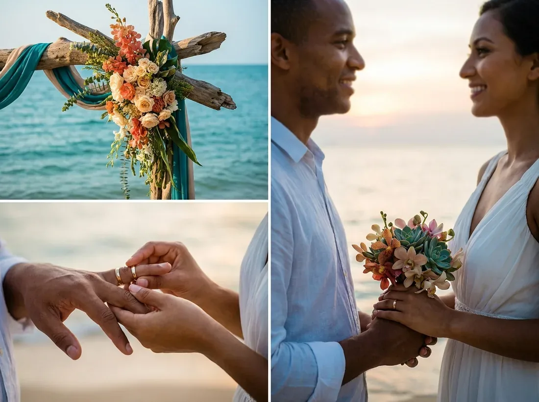 Close-up detail of a elopement package beach ceremony setup flowers arch in Phuket