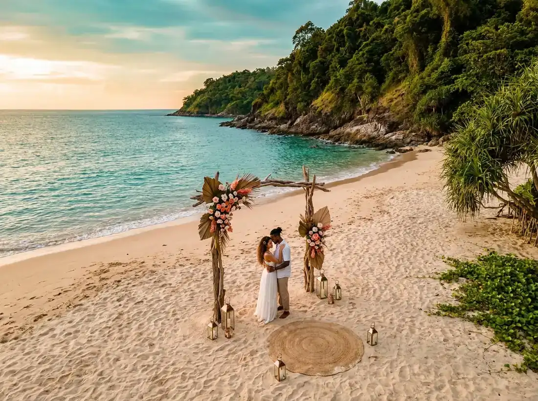 Aerial view of Cape Yamu, Phuket, Thailand for a elopement package beach ceremony setup flowers arch