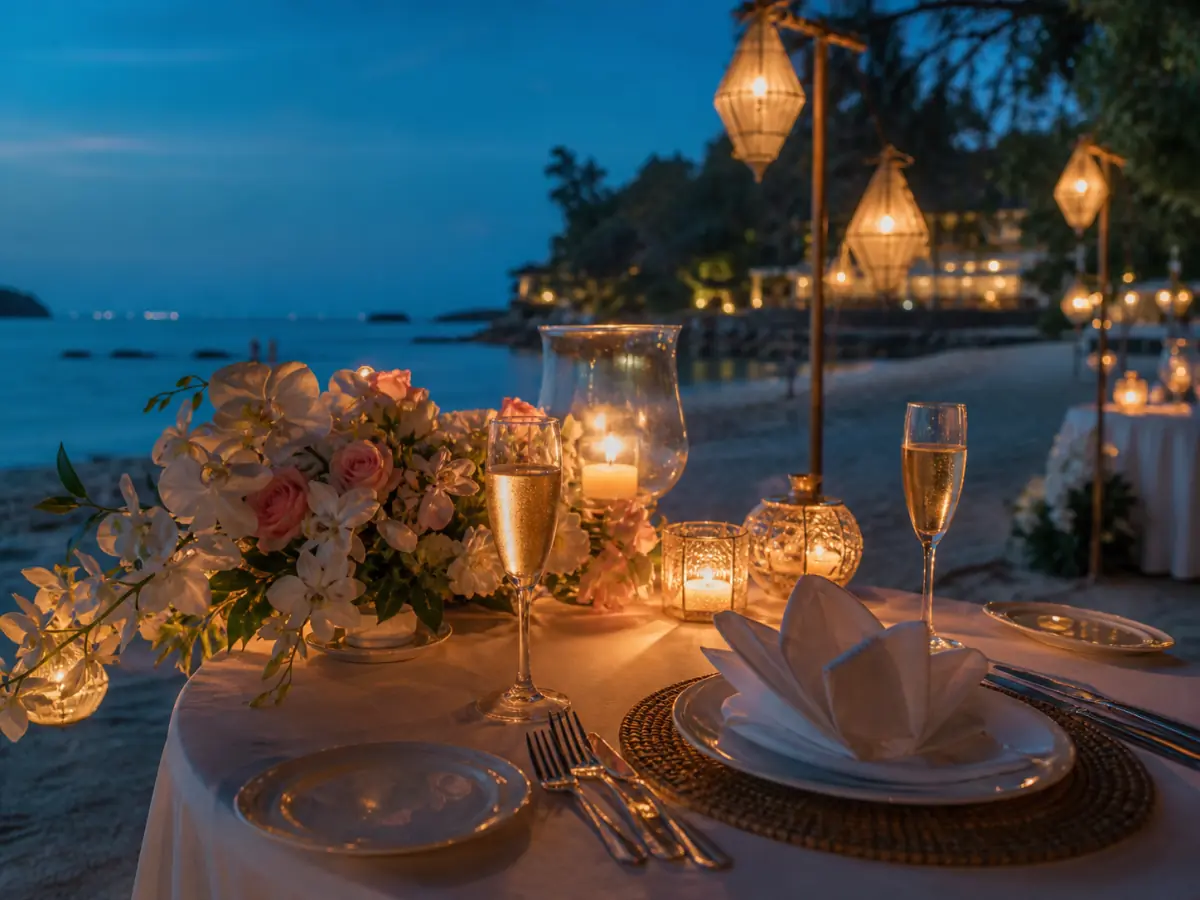 Candlelit romantic dinner table with flowers on a Phuket beach