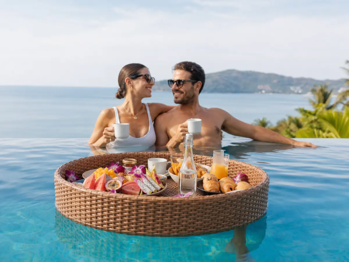 Floating breakfast for a couple at a private Phuket villa pool