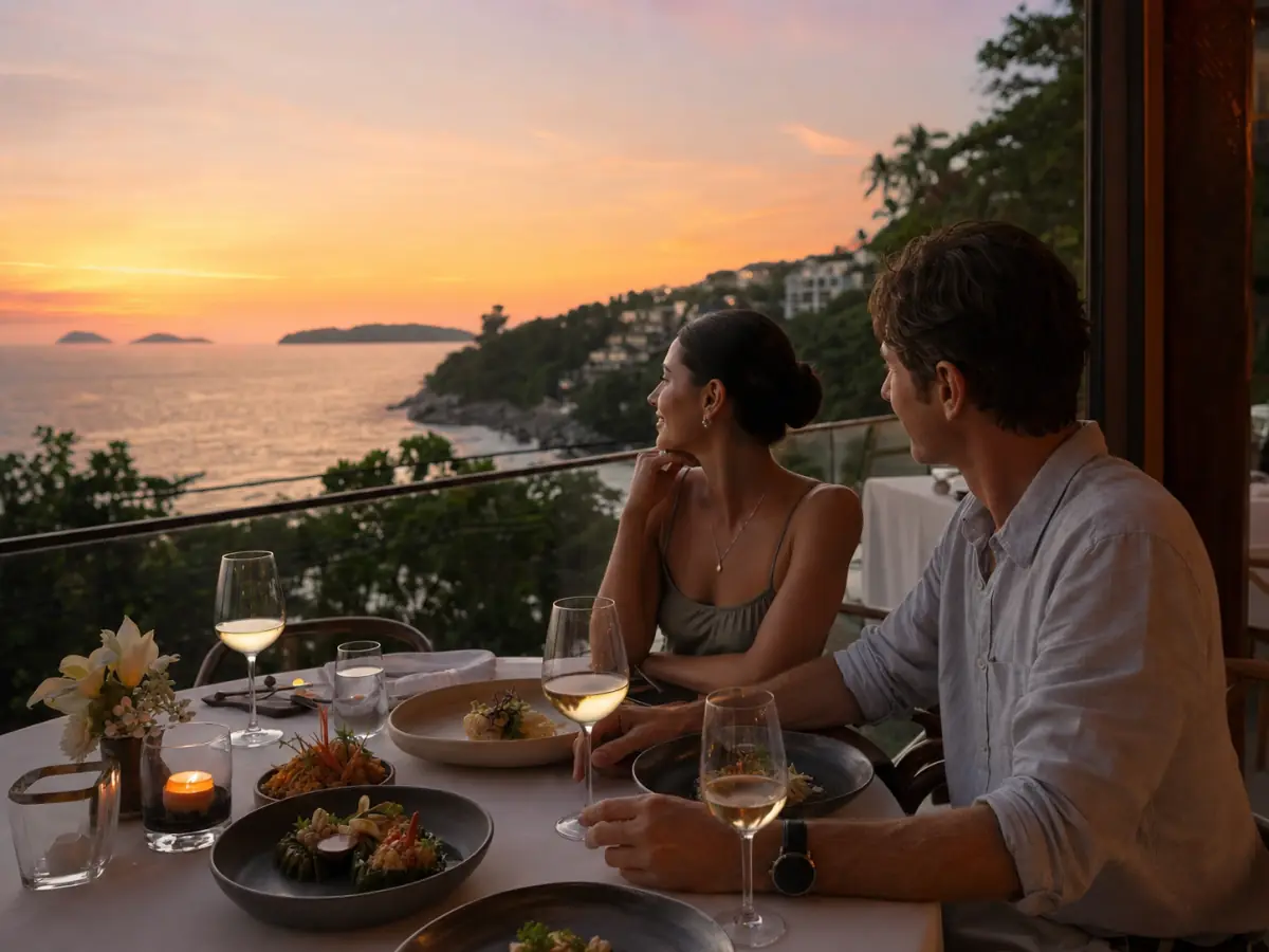 Couple dining at a romantic sea-view restaurant in Phuket