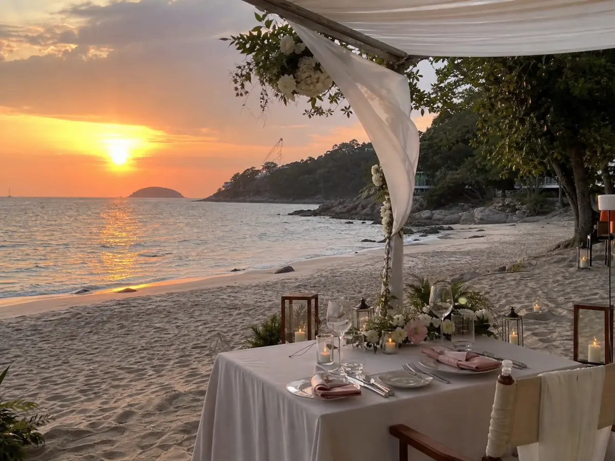 Private romantic beach dinner at sunset in Phuket, Thailand