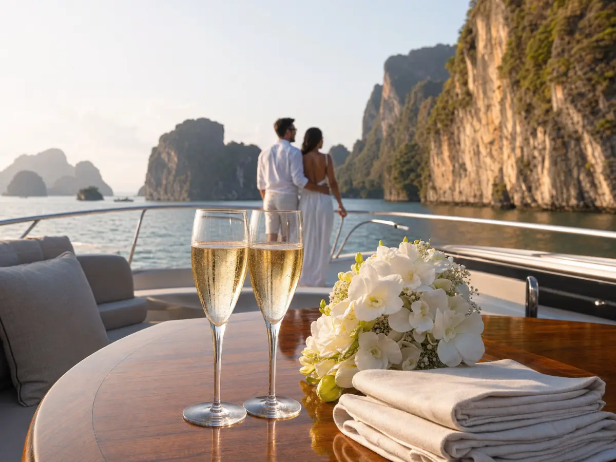 Champagne and flowers on a private yacht deck in Phang Nga Bay